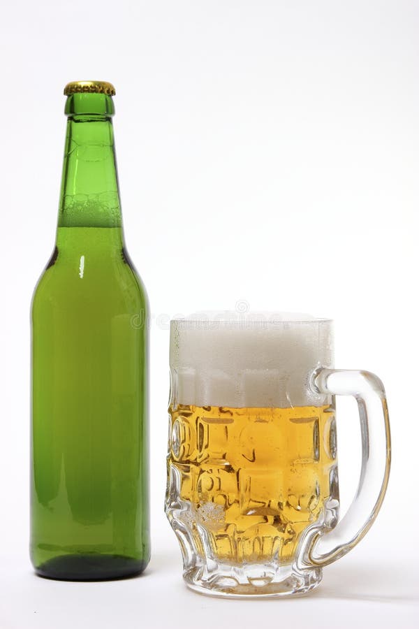 Beer Mug and Green Bottle on White Background Stock Photo Image of
