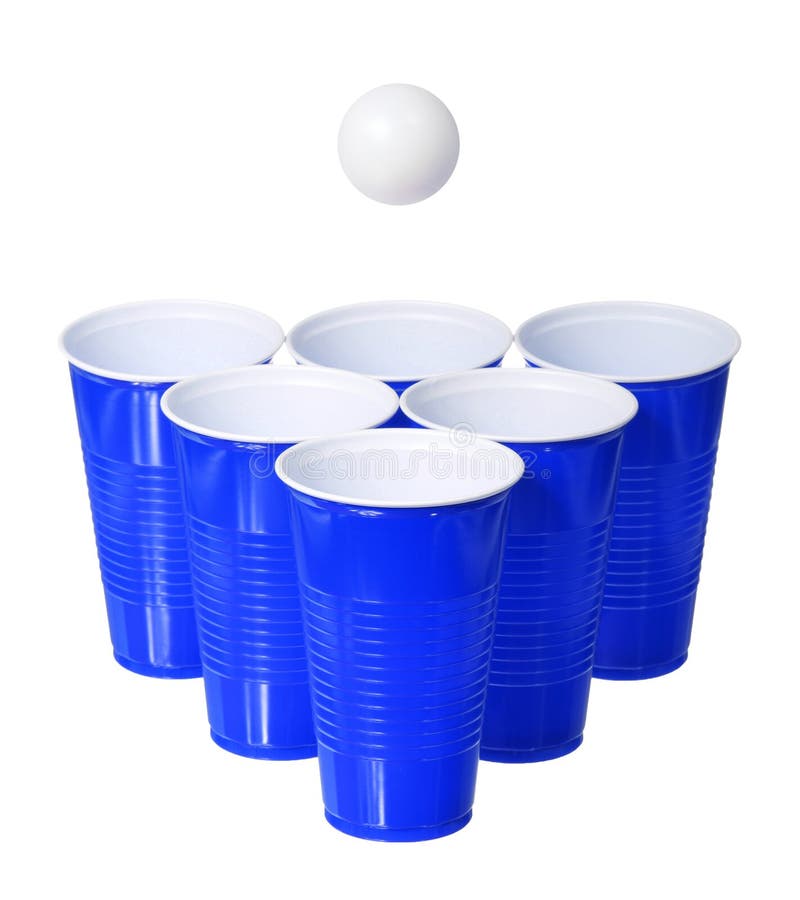 Beer pong. Blue plastic cups and ping pong ball isolated on white