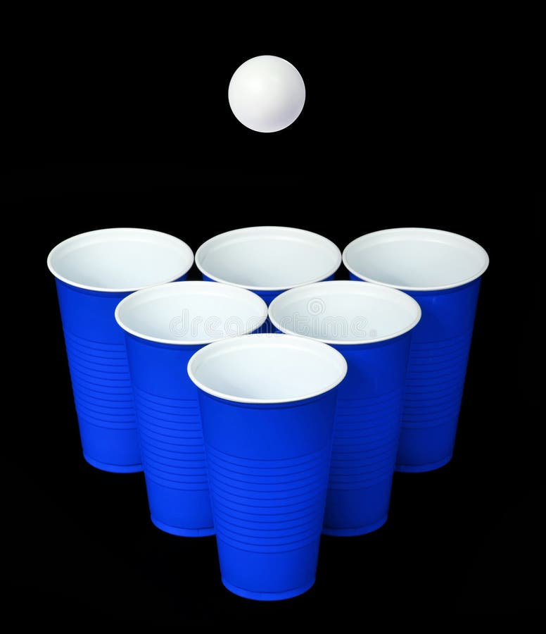 Beer pong. Blue plastic cups and ping pong ball over black