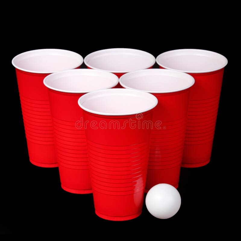 Beer Pong. Red Plastic Cups And Ping Pong Ball Over Black Stock Image