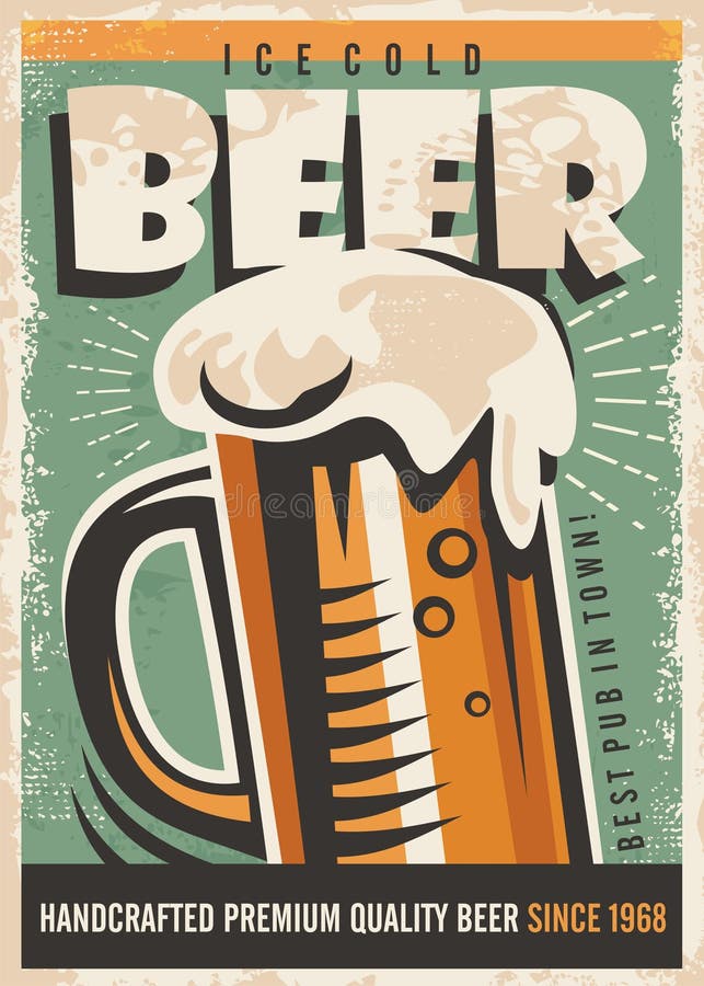 Retro beer poster. Vintage sign advertising cold ale. Pub concept