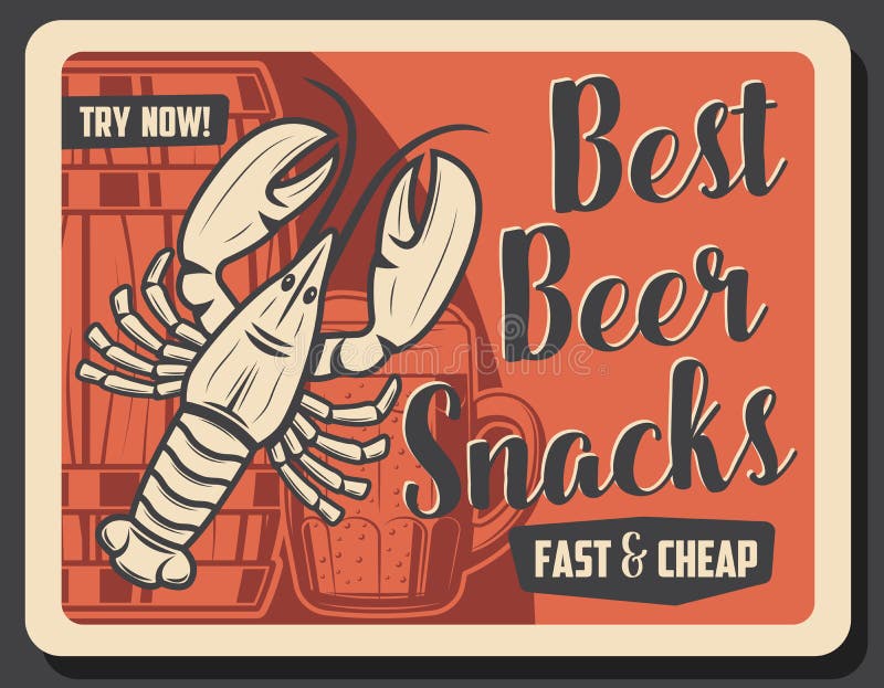 Beer and salty lobster snack, vector