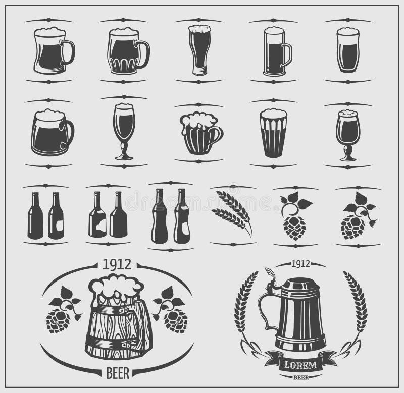 Beer Set. Beer Glasses, Bottles, and Design Elements Stock Vector Illustration of black