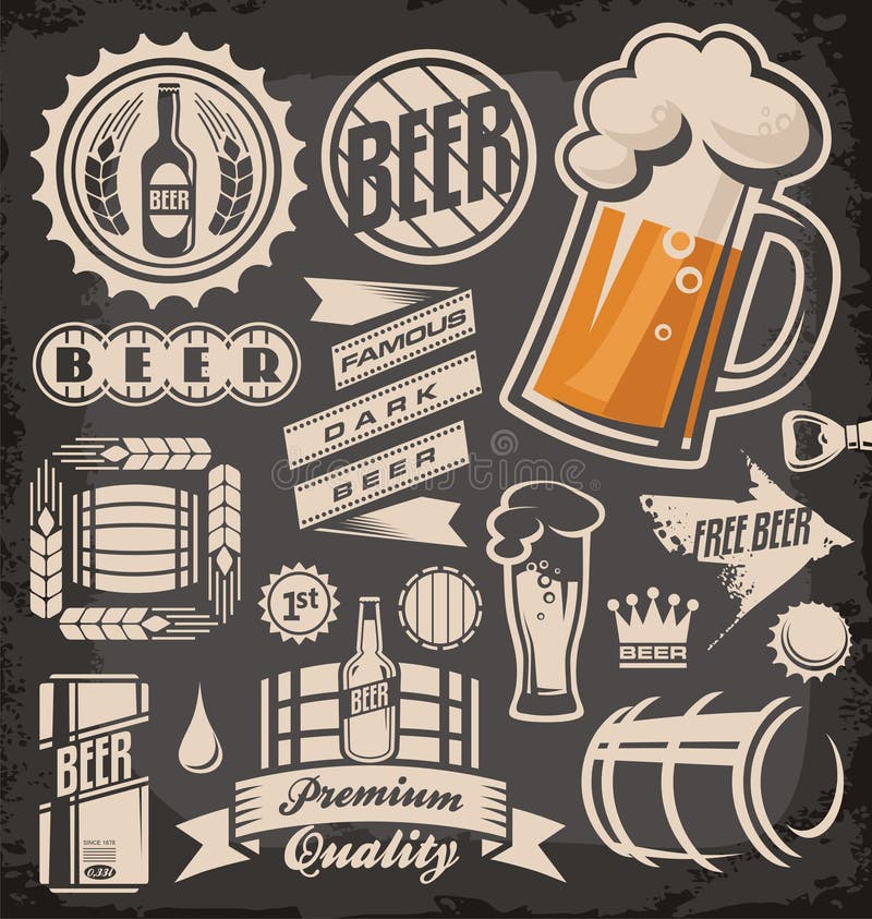 Set di birra emblemi, simboli, stemmi, segni, icone ed elementi di design.