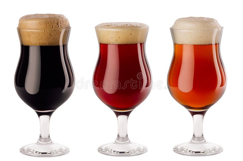Beers collection poured in wineglasses with foam - lager, red ale, porter - isolated on white background.