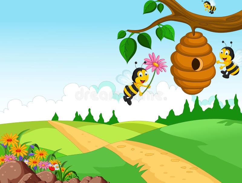 Bees cartoon holding flower and a beehive with forest background