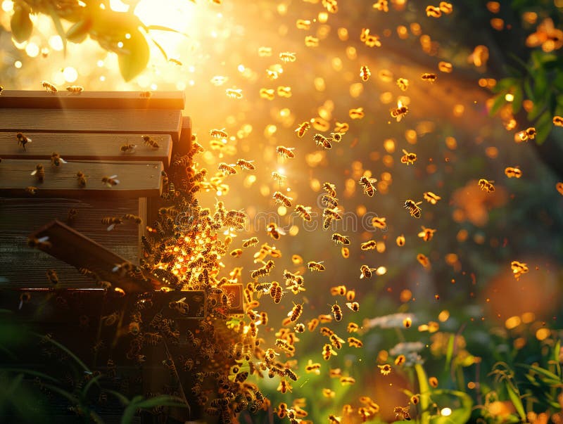 Bees swarm around their hive in the warm sunlight, a buzzing cloud of activity and purpose. GenerativeAI illustration