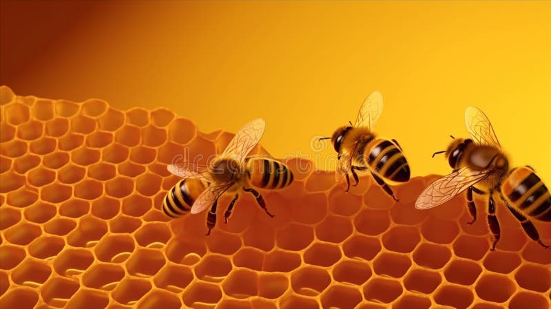 Bees on a wax frame. Generative AI stock images