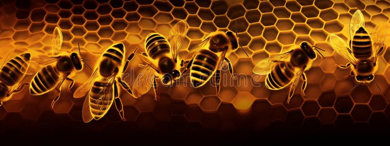Bees on a wax frame. Generative AI stock photo