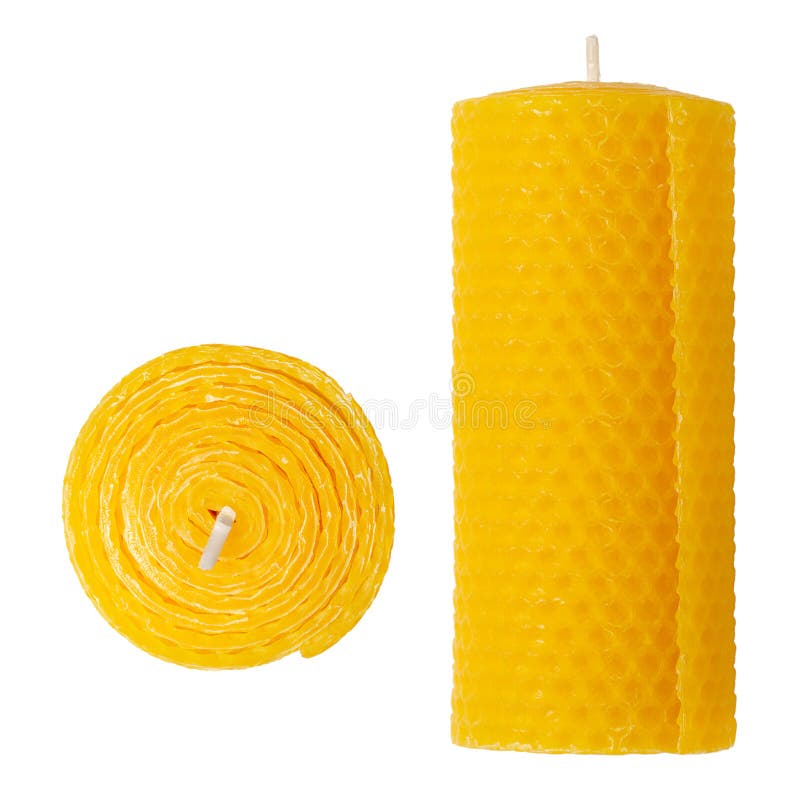 Beeswax Pillar Candle with Wick, Isolated from Above and Front View