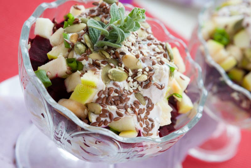 Beet Salad with Apples and Flax Seeds and Sesame Seeds Stock Photo