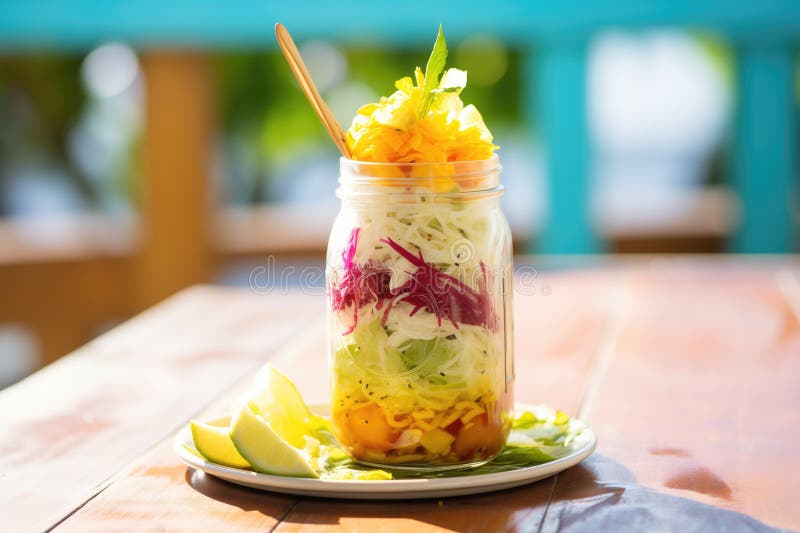Beet Salad in Mason Jar, Layers Visible, Portable Lunch Stock Photo
