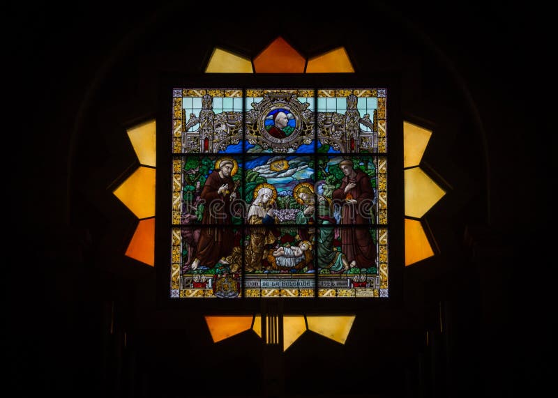 Bethlehem city, Palestine, Israel - August 09, 2016: The greatest of the ancient Christian Shrine, the Church of the Nativity in Bethlehem, Palestine, state of Israel. Decoration Of The Church Of The Nativity. Stained glass window. Bethlehem city, Palestine, Israel - August 09, 2016: The greatest of the ancient Christian Shrine, the Church of the Nativity in Bethlehem, Palestine, state of Israel. Decoration Of The Church Of The Nativity. Stained glass window