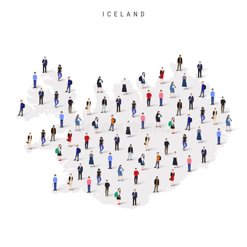 Befolkningskarta. stor grupp människor i form av en iselandisk karta. platt vektorbild isolerad på vitt stock illustrationer