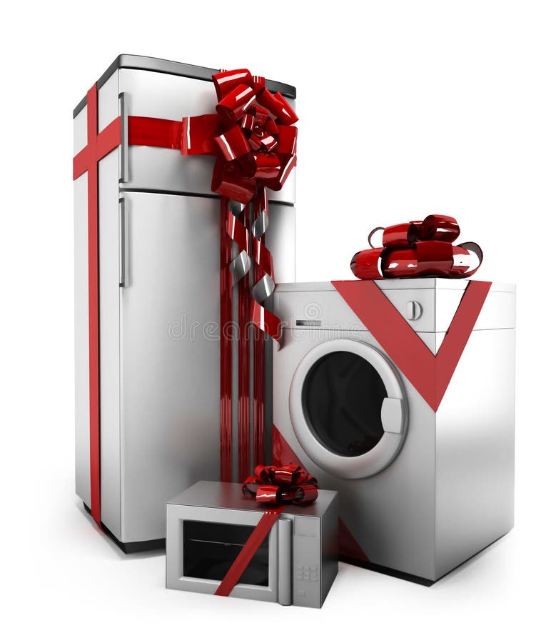 A fridge, washing machine and microwave decorated with red ribbons and a bow to be gifted to someone, isolated on a white background. A fridge, washing machine and microwave decorated with red ribbons and a bow to be gifted to someone, isolated on a white background.