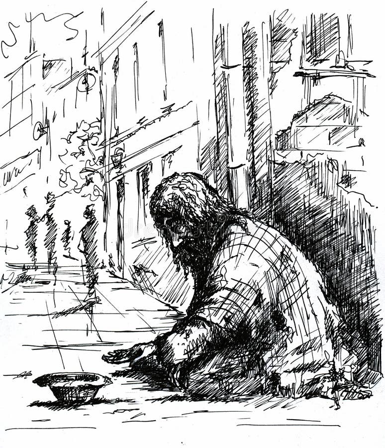 A beggar on the street.Picture I have created with pen.