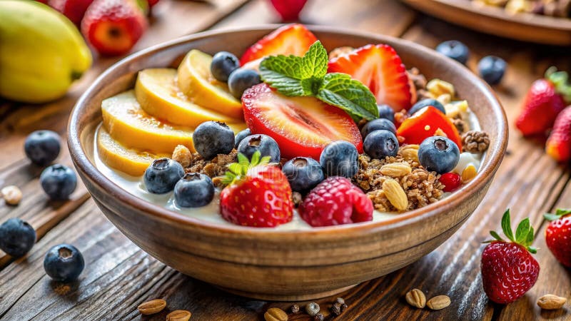 Beginnen Sie Ihren Tag mit einem köstlichen und leckeren Frühstück Bowl Yogurt Berries und Granola in einem gemütlichen Café stock abbildung