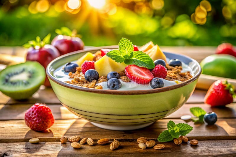 Beginnen Sie Ihren Tag mit einem köstlichen und nährstoffreichen Frühstück Bowl Yogurt Granola und frisches Obst Freuen Sie sich a stock abbildung