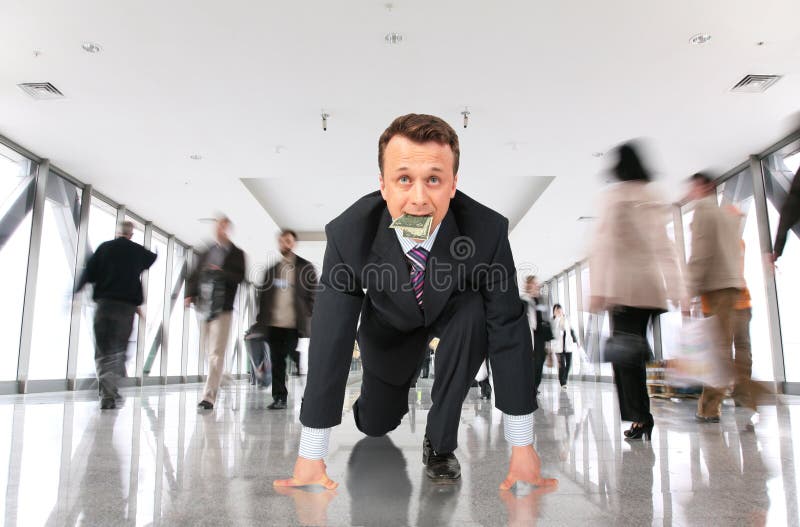 Beginnende marathonzakenman met dollar stock afbeeldingen Beginnende marathonzakenman met dollar stock afbeeldingen