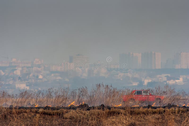 Beginning fire in the background of the city