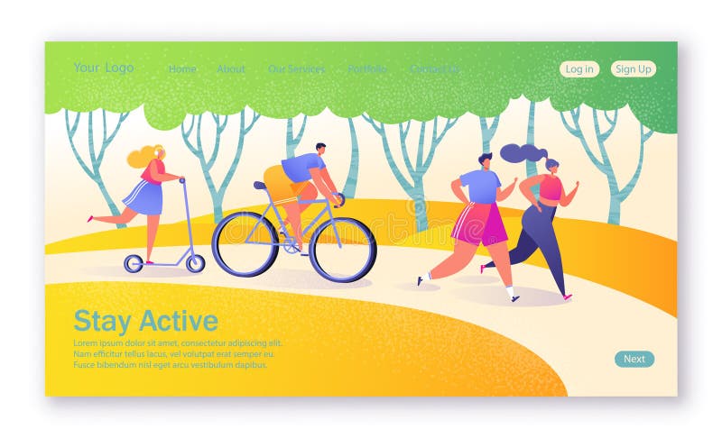 Begrepp av att landa sidan på sunt livsstiltema Aktiva folksportar royaltyfri illustrationer Begrepp av att landa sidan på sunt livsstiltema Aktiva folksportar royaltyfri illustrationer