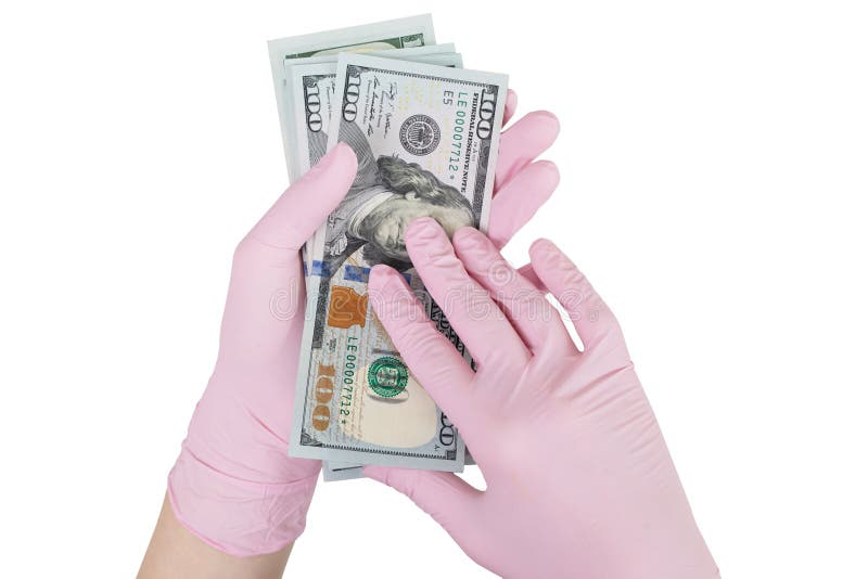 Begrepp av betald medicin behandskade händer som rymmer dollar arkivbild Begrepp av betald medicin behandskade händer som rymmer dollar arkivbild