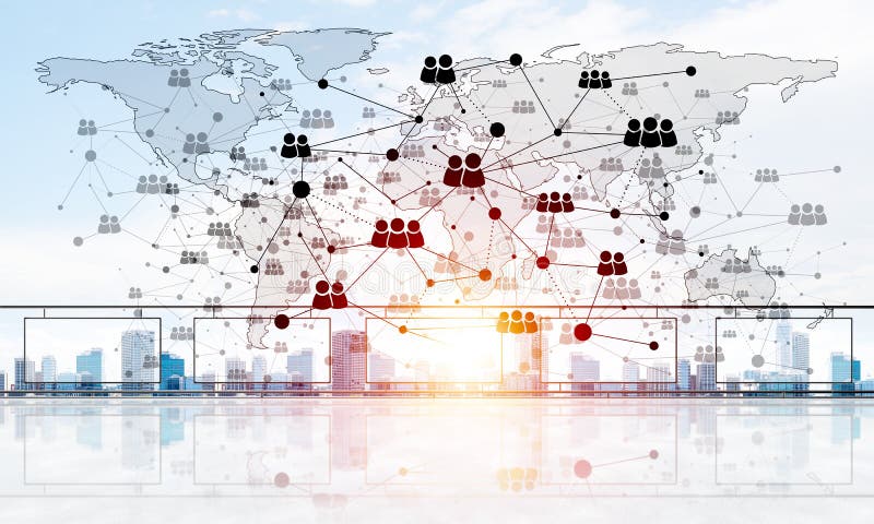 Begrepp av den globala kommunikationen och nätverkande med världskartan över cityscape stock illustrationer Begrepp av den globala kommunikationen och nätverkande med världskartan över cityscape stock illustrationer