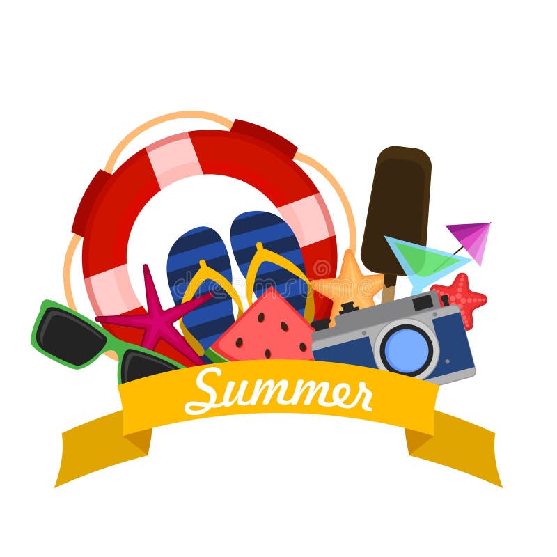 Begrepp av sommarsemestern med plana moderna symboler också vektor för coreldrawillustration royaltyfri illustrationer Begrepp av sommarsemestern med plana moderna symboler också vektor för coreldrawillustration royaltyfri illustrationer