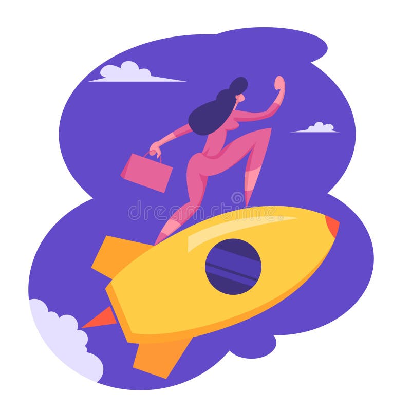 Begrepp f?r startinnovationteknologi Nytt affärsprojekt, idérikt tecken, raket för ridning för kvinna för kontorsarbetare vektor illustrationer Begrepp f?r startinnovationteknologi Nytt affärsprojekt, idérikt tecken, raket för ridning för kvinna för kontorsarbetare vektor illustrationer