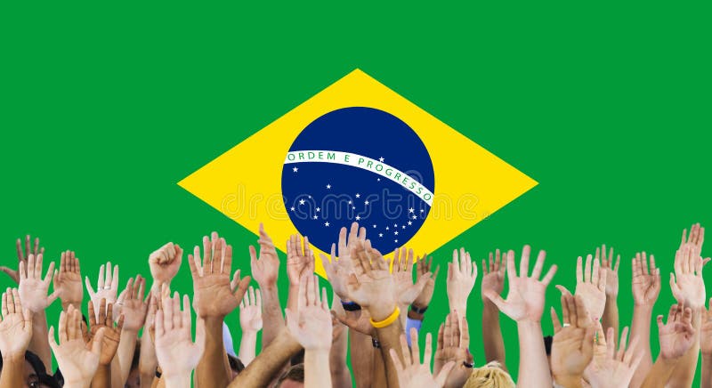Begrepp för Brasilien nationsflaggagrupp människor royaltyfria foton Begrepp för Brasilien nationsflaggagrupp människor royaltyfria foton