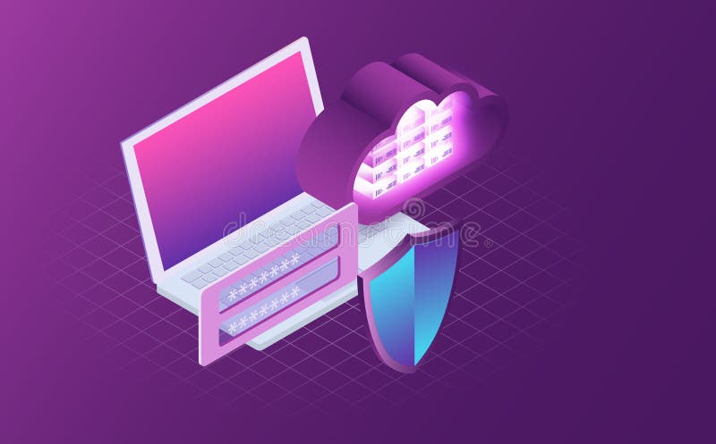 Begrepp för datorsäkerhet och för dataskydd Skydd för Digitala data, avskildhet bärbar dator 3d med skölden vektor illustrationer