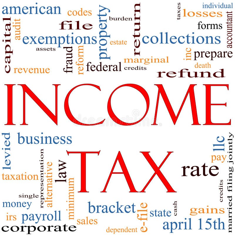 A word cloud concept around the words Income Tax with great terms such as April, refund, rate, bracket, file, prepare and more. A word cloud concept around the words Income Tax with great terms such as April, refund, rate, bracket, file, prepare and more