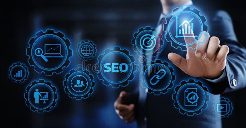 Begrepp för teknologi för affär för internet för Website för SEO Search Engine Optimization Marketing rangtrafik arkivbild
