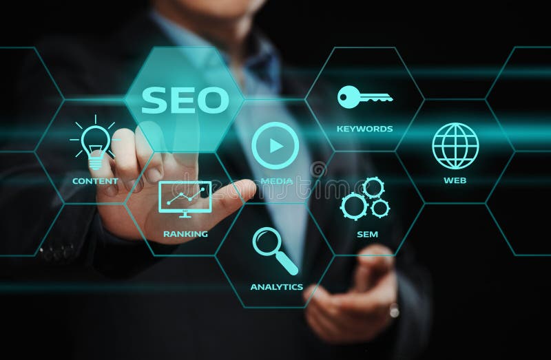 Begrepp för teknologi för affär för internet för Website för SEO SEM Search Engine Optimization Marketing rangtrafik arkivfoton