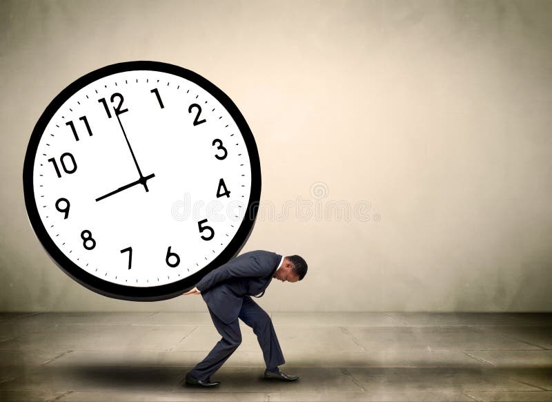 Businessman buckled under time pressure with a clock face. Time management concept. Businessman buckled under time pressure with a clock face. Time management concept.