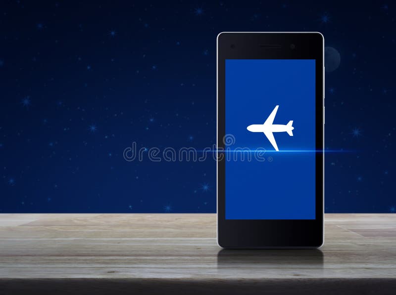 Begrepp för trans. för affärsnivå online-. Flygplansymbol på den moderna smarta mobiltelefonskärmen på trätabellen över fantasinatthimmel och månen, affärstrans. online-begrepp