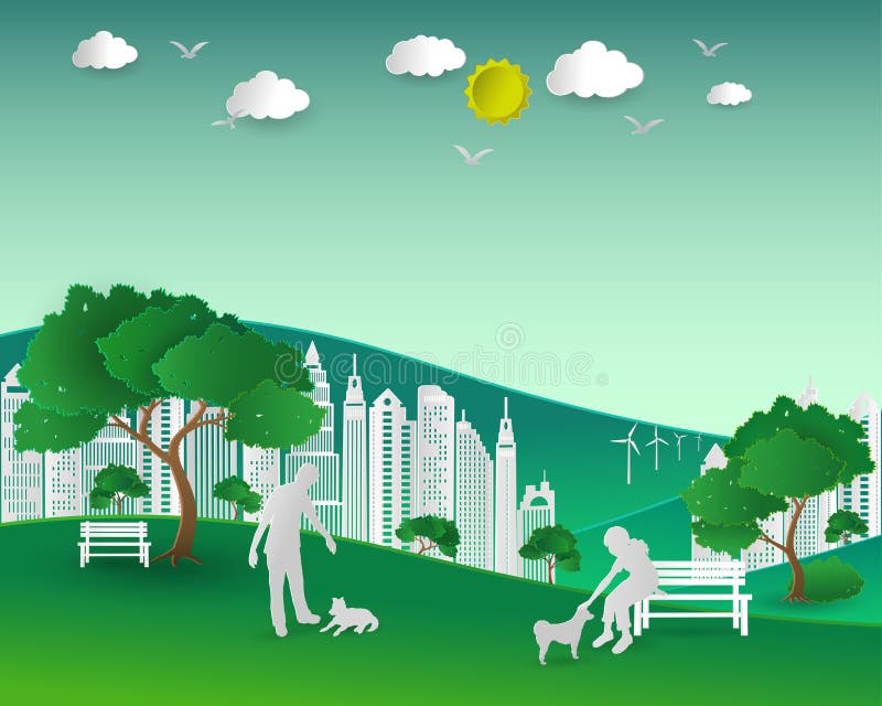 Begreppet av ecoen med naturen och byggnad, par älskar lycklig hundkapplöpning vektor illustrationer