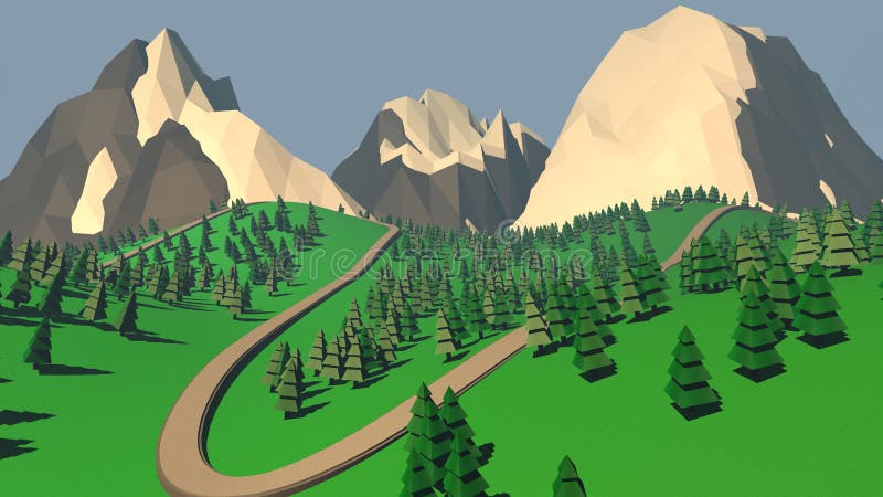 Begreppet av landskapet med granträd och snöig berg 3d vektor illustrationer Begreppet av landskapet med granträd och snöig berg 3d vektor illustrationer