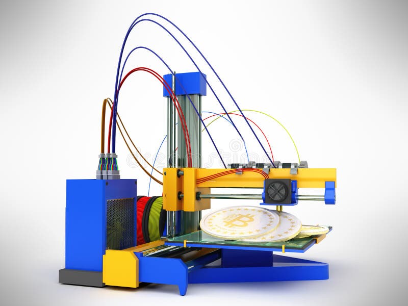Begreppet av tryckbitcoin 3d för skrivaren 3d framför på grå backgr royaltyfri illustrationer