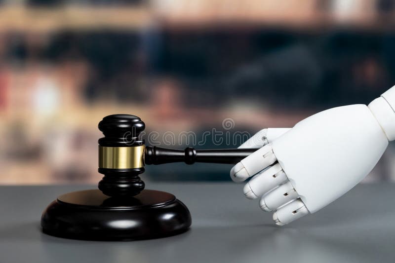 Begreppet framtida och rättvist rättssystem med hjälp av robotdepåer. jämvikt royaltyfria bilder