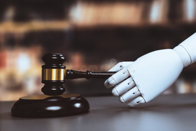Begreppet framtida och rättvist rättssystem med hjälp av robotdepåer. jämvikt arkivfoto
