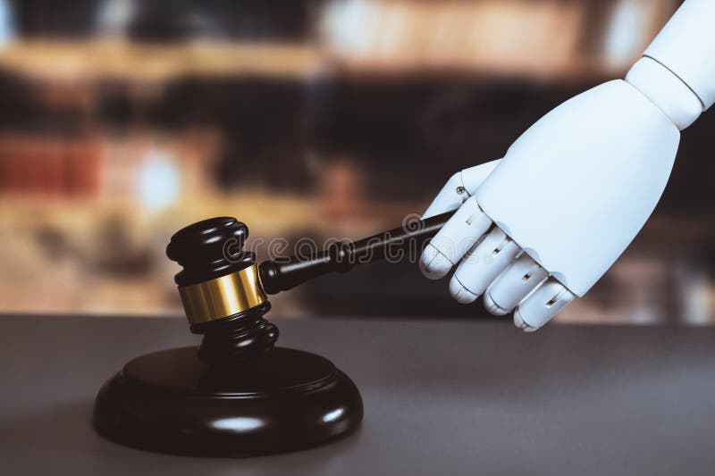 Begreppet framtida och rättvist rättssystem med hjälp av robotdepåer. jämvikt royaltyfria foton