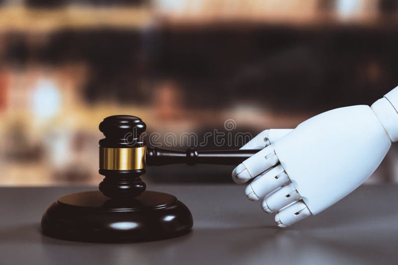Begreppet framtida och rättvist rättssystem med hjälp av robotdepåer. jämvikt royaltyfri foto