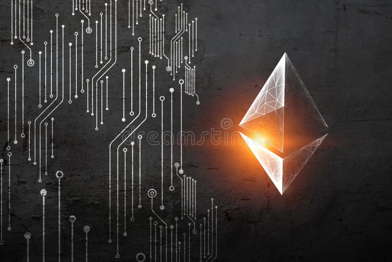 Begreppet kryptovalutakodning. Belastat Etherum-tecken och mikrokretsar på grå grunt textur