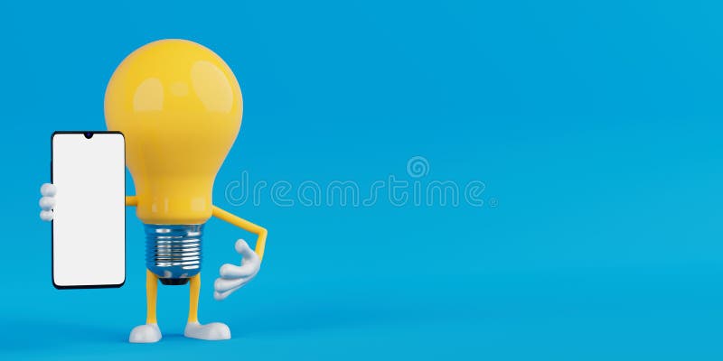 Begreppet mobil teknik. Yellow Cartoon Light Bulb Character Holding Smartphone med blank skärm 3d Rendering fotografering för bildbyråer