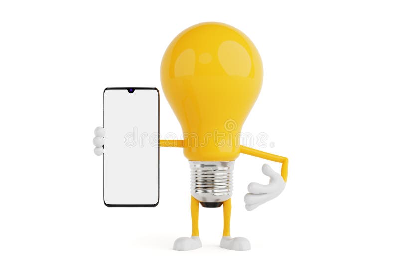 Begreppet mobil teknik. Yellow Cartoon Light Bulb Character Holding Smartphone med blank skärm 3d Rendering royaltyfri foto