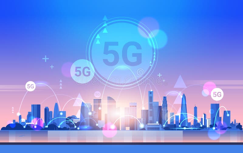 Begreppet trådlös systemanslutning för Smart city 5G online-kommunikationsnätverk femte innovativa generationen globala vektor illustrationer