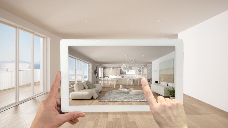 Begreppet utökad verklighet Handhållplatta med AR-applikation som används för att simulera möbler och utforma produkter i tomma u