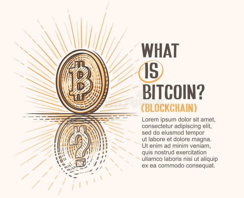 Begreppsteckning av bitcoinmyntet och dess reflexion med frågefläcken som symboliserar förklaring av detta ting vektor illustrationer