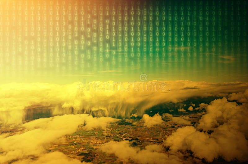 Begriffsbild von Wetterereignisse und Binärkode, das eine dystopian Zukunft mit globalen Klima- und Computerproblemen zeigt lizenzfreies stockfoto